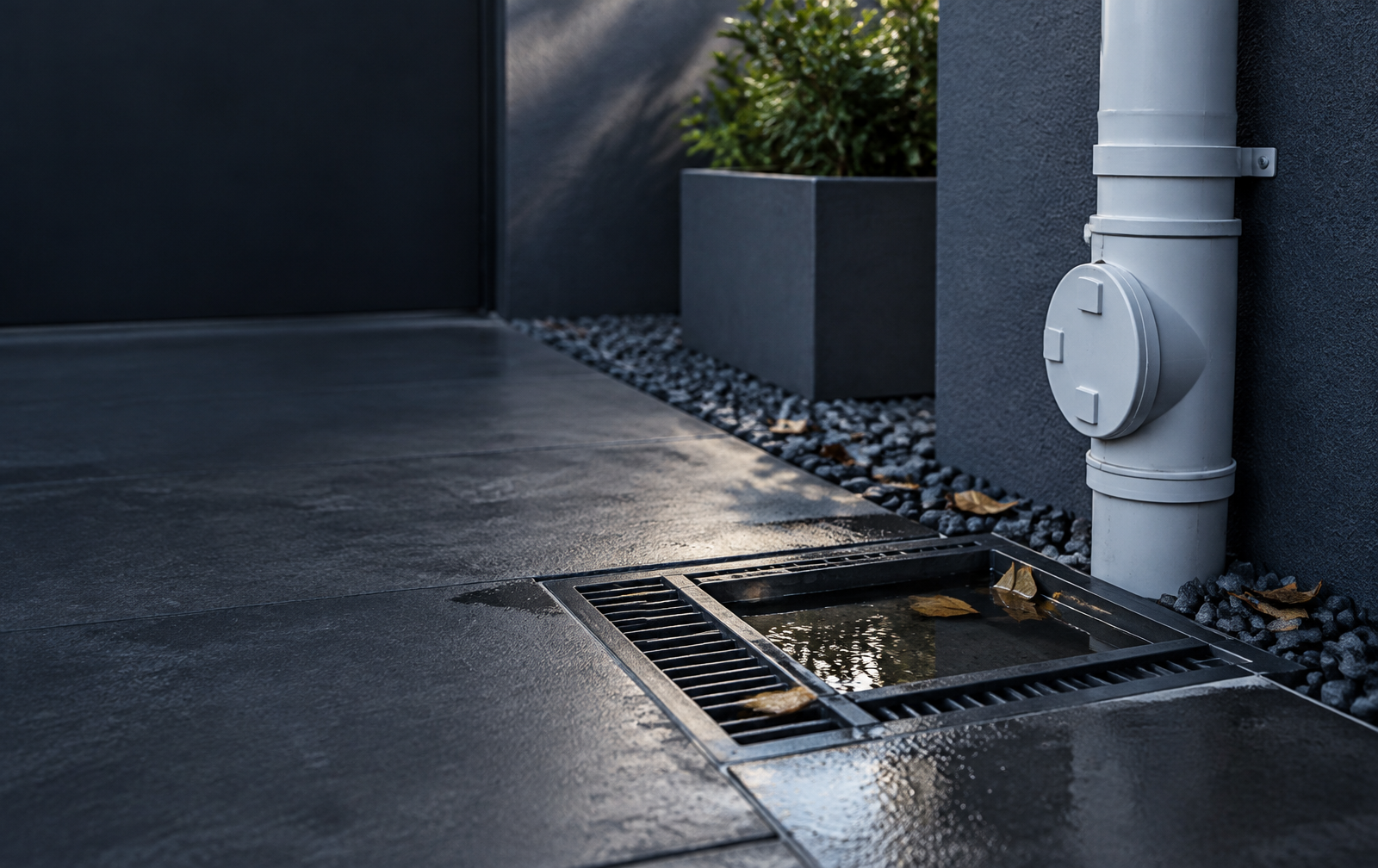 Wastewater drainage gully with standing water beside an accessible drain fitting