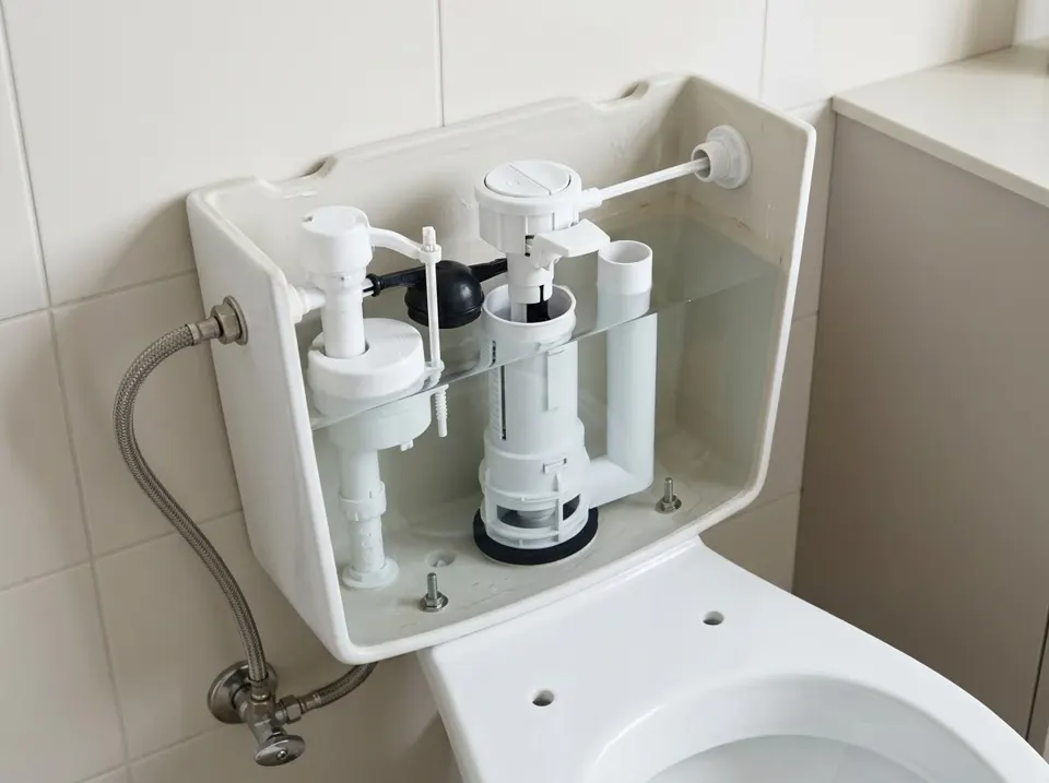 Open toilet cistern showing the fill valve, flush valve and flexible supply connector