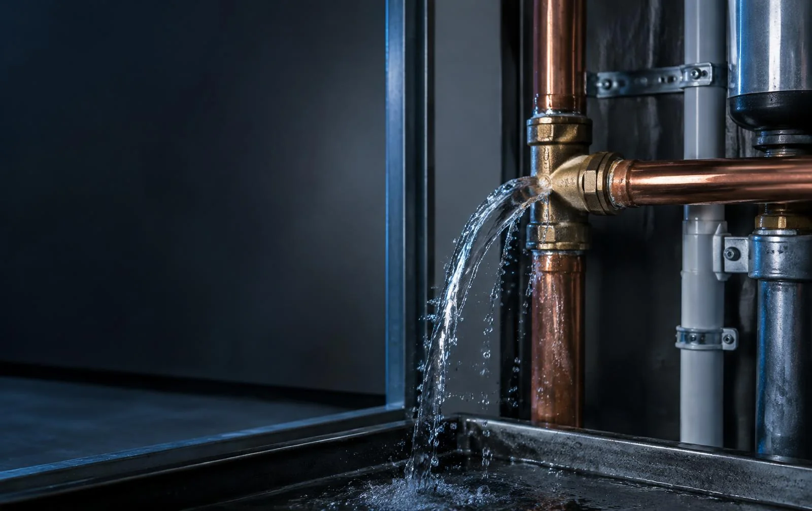 Water escaping from a failed copper pipe connection