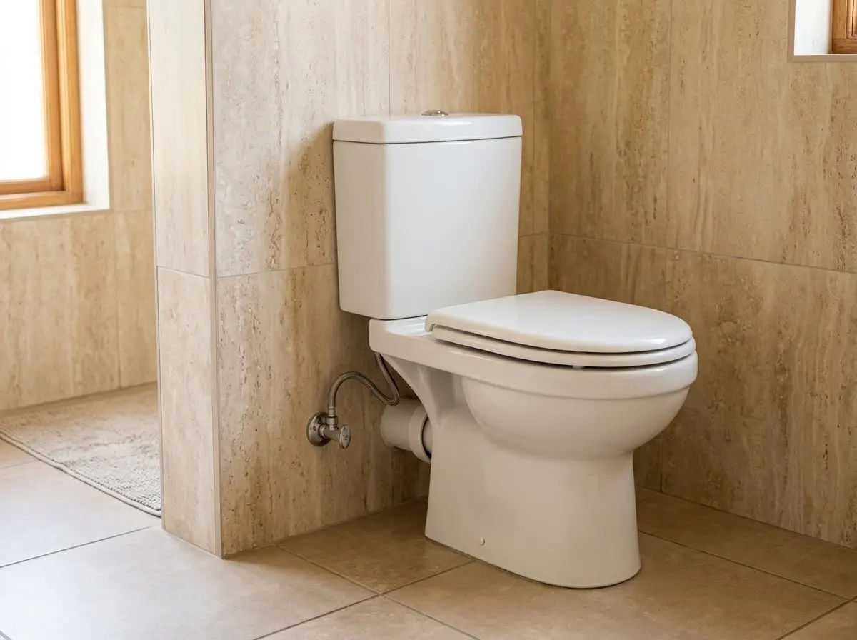 Close-coupled white toilet in a bathroom with beige stone-look tiles and a chrome supply connection