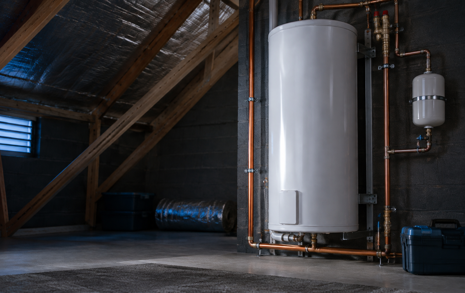 Modern hot-water geyser with copper pipework and safety components