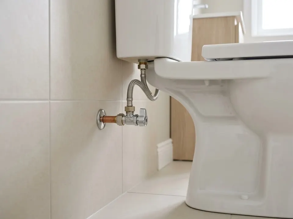 Angle isolation valve on the wall supplying a close-coupled toilet cistern