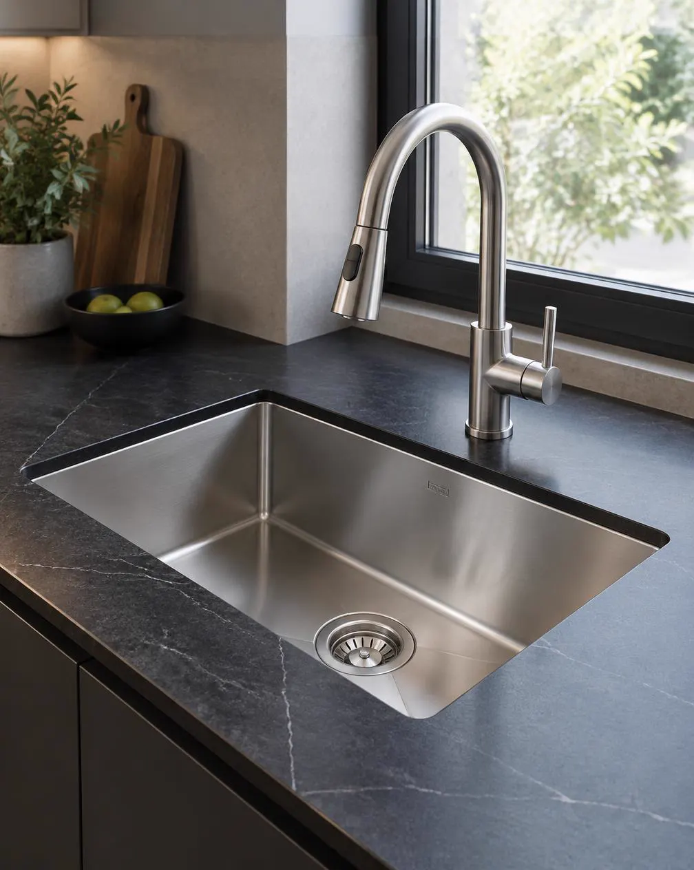 Undermount kitchen sink with pull-out mixer tap
